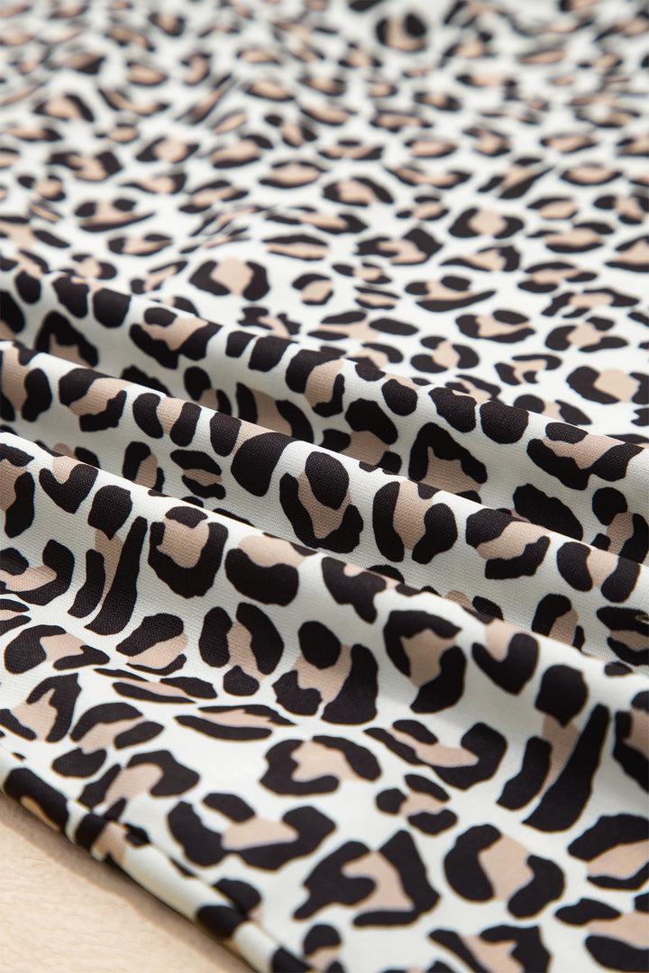 Leopard Print Striped Ruffled Color Block Trim V Neck Short Sleeve Blouse
