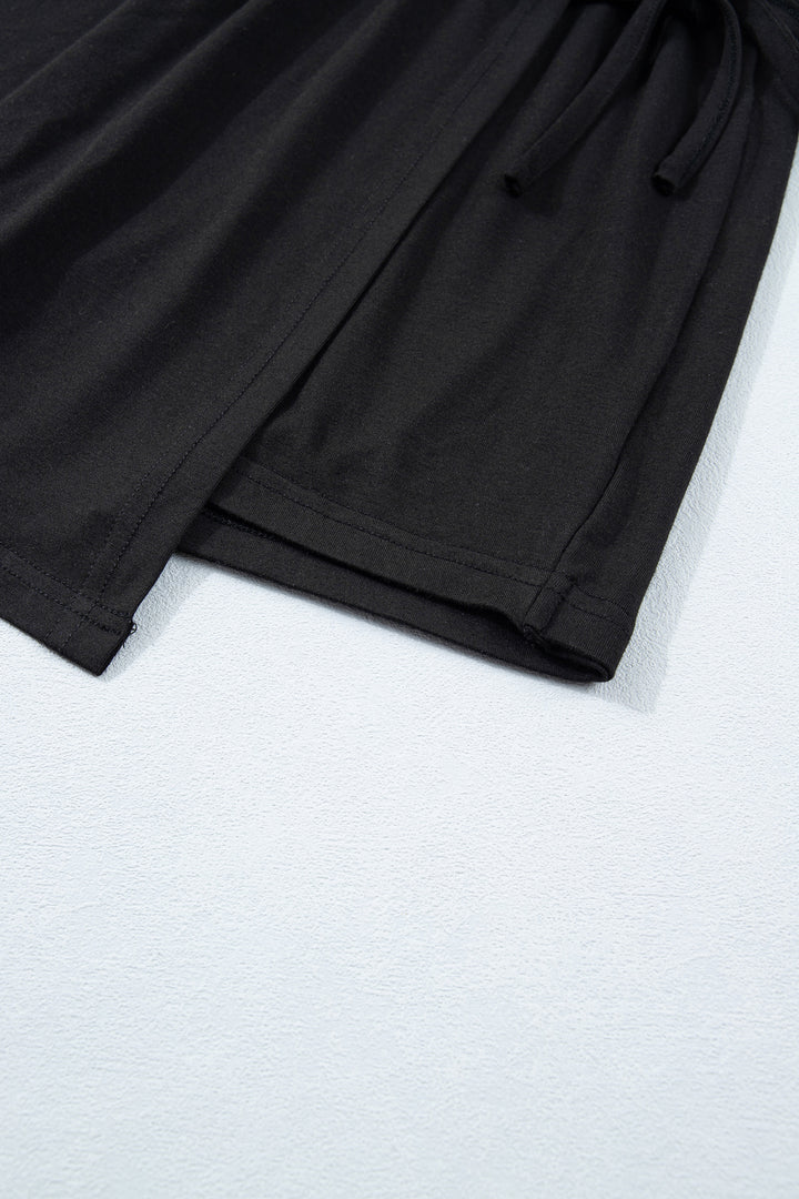 Black Solid Color Oversize Tee Tie Wrap Mini Skort 2pcs Set