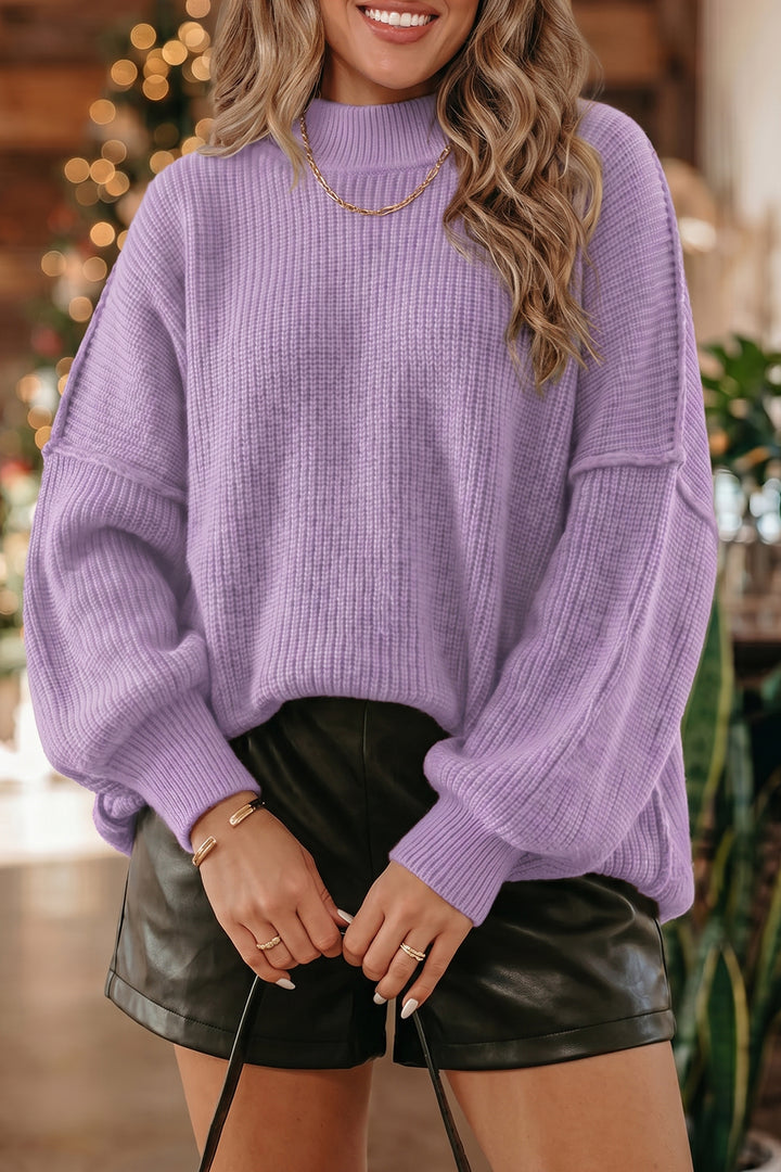 Orchid Bouquet Ribbed Knit Stand Neck Regular Fit Pullover Sweater