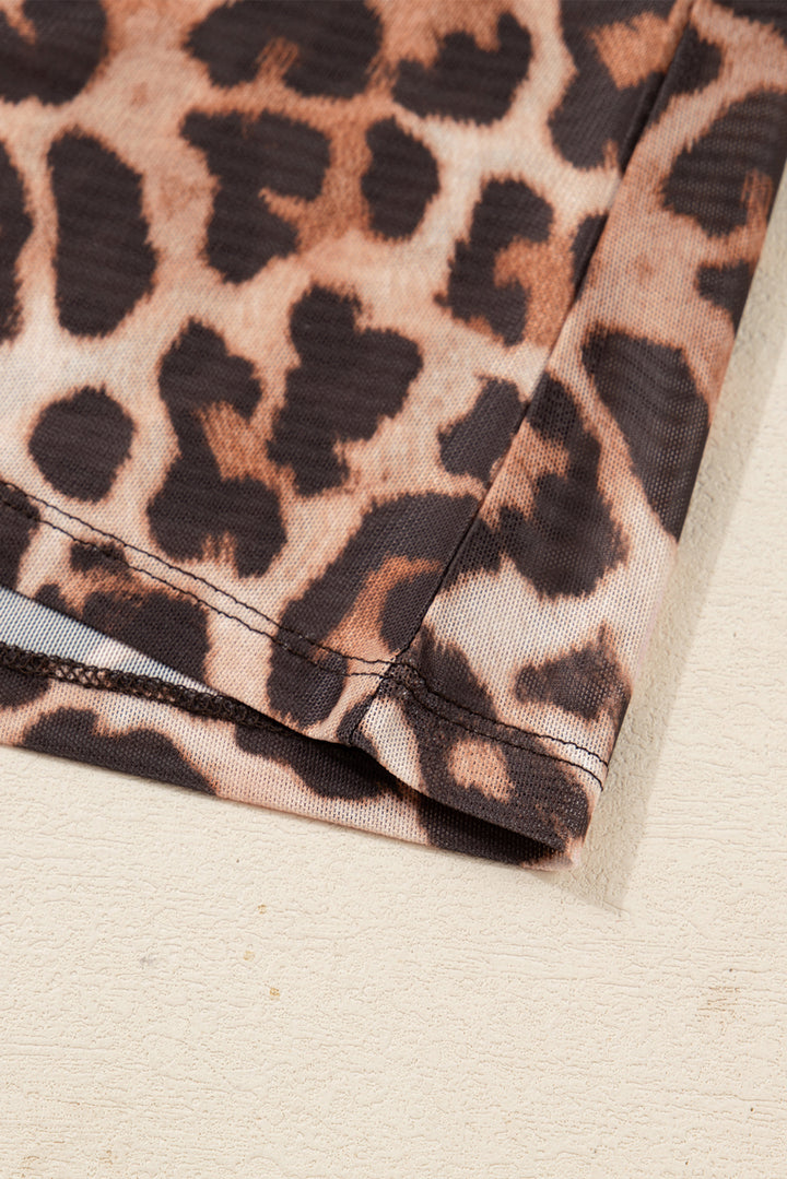 Leopard Mock Neck Long Sleeve Mesh Top