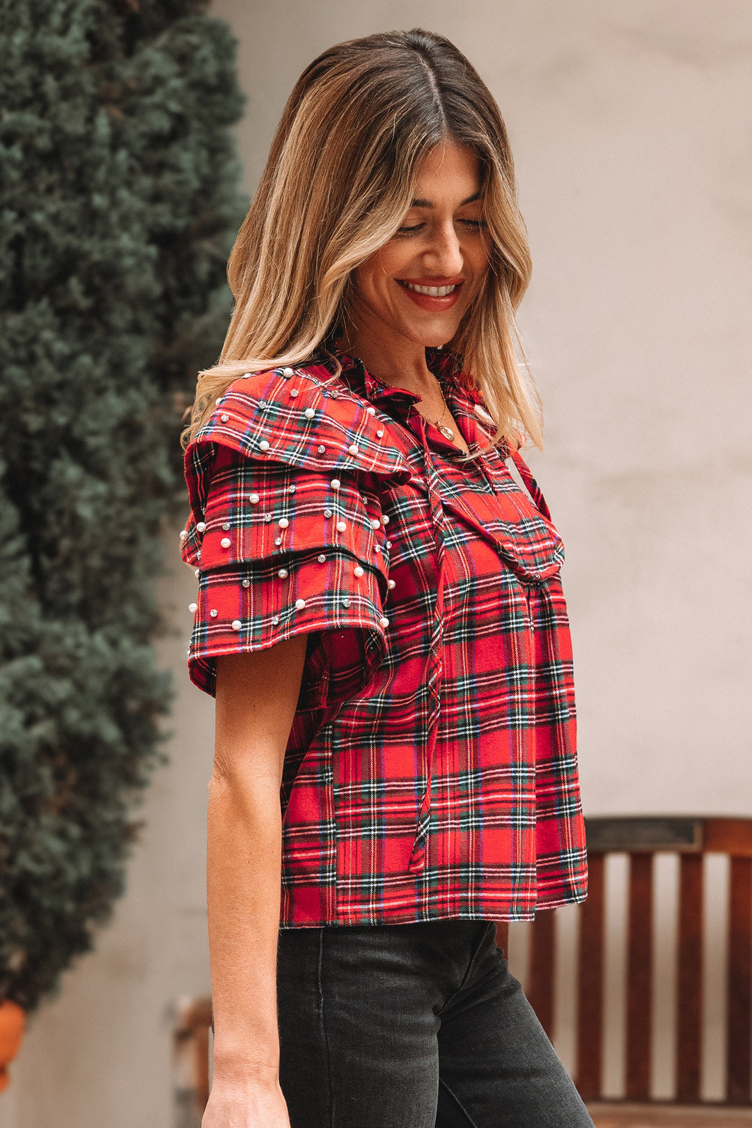 Festive Plaid Pearl Embellished Ruffle Short Sleeve Blouse