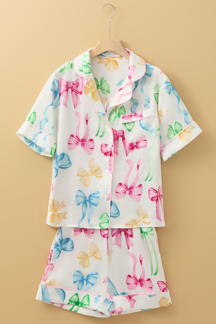 bowknot print buttoned shirt high waist shorts pajama set