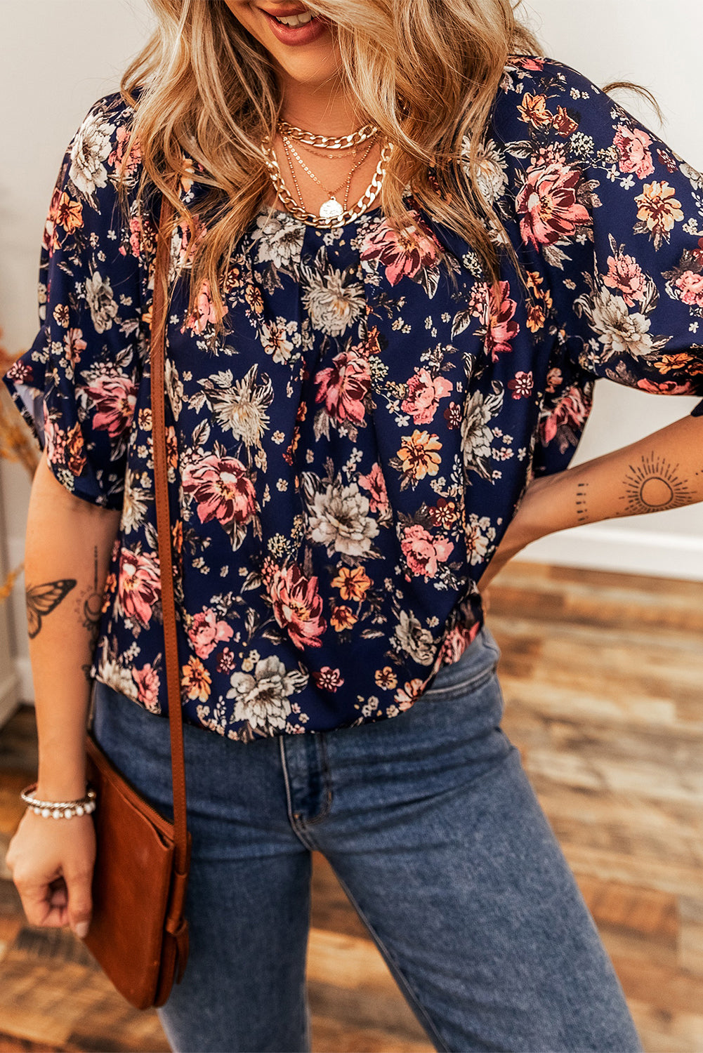 floral short sleeve scoop neck casual blouse