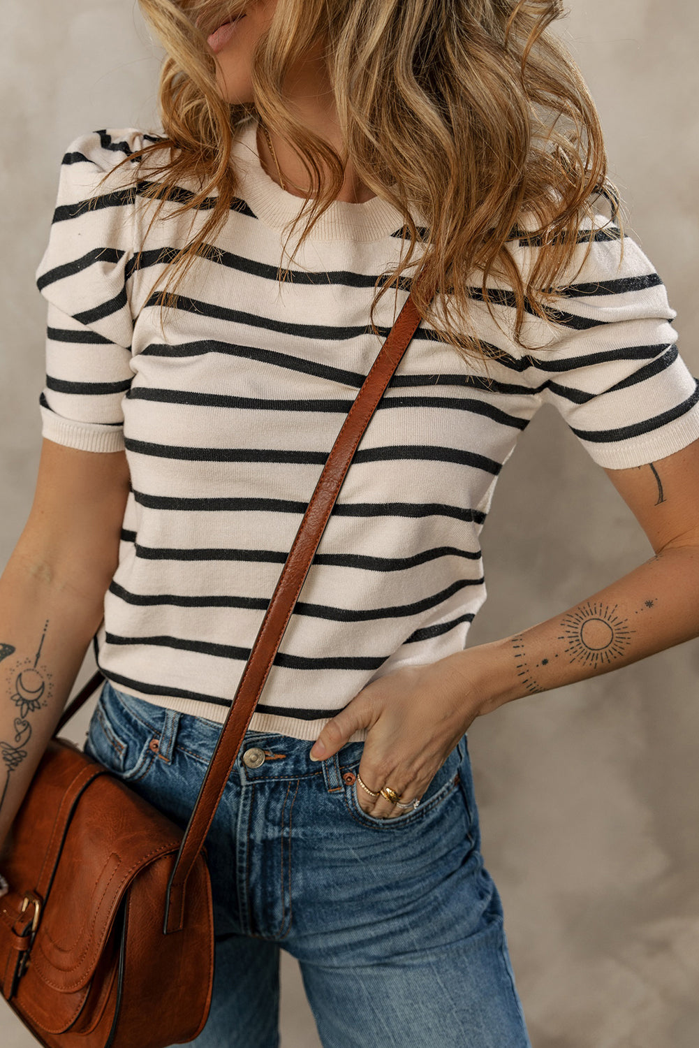 Black Stripe Ribbed Trim Knitted Top