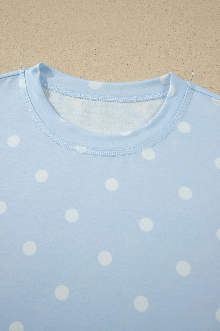 Sky Blue Polka Dot Short Sleeve Loose Top Drawstring Shorts Set