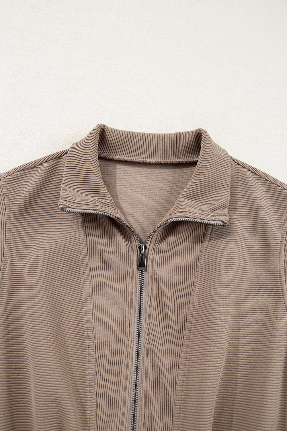Dark Khaki Textured Short Sleeve Half Zip Drawstring Elastic Waistband Romper