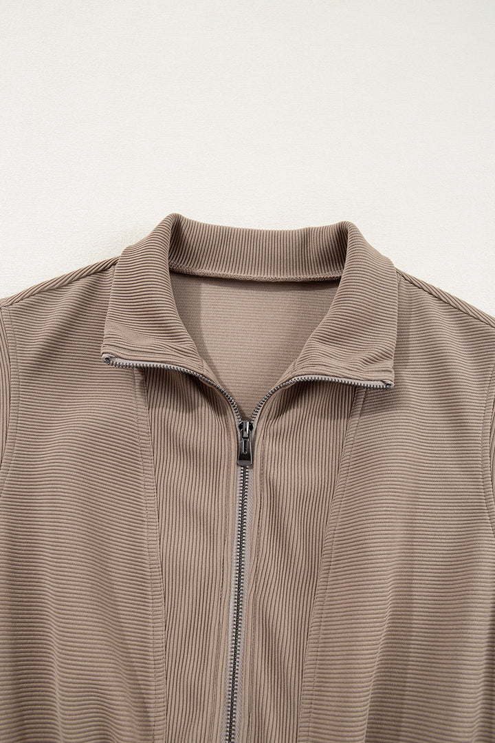 Dark Khaki Textured Short Sleeve Half Zip Drawstring Elastic Waistband Romper