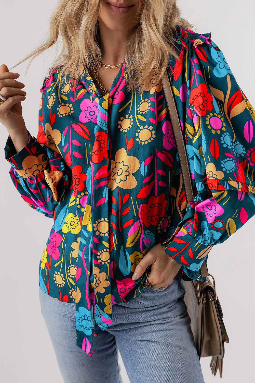 Floral Knot Split Neck Puff Sleeve Blouse