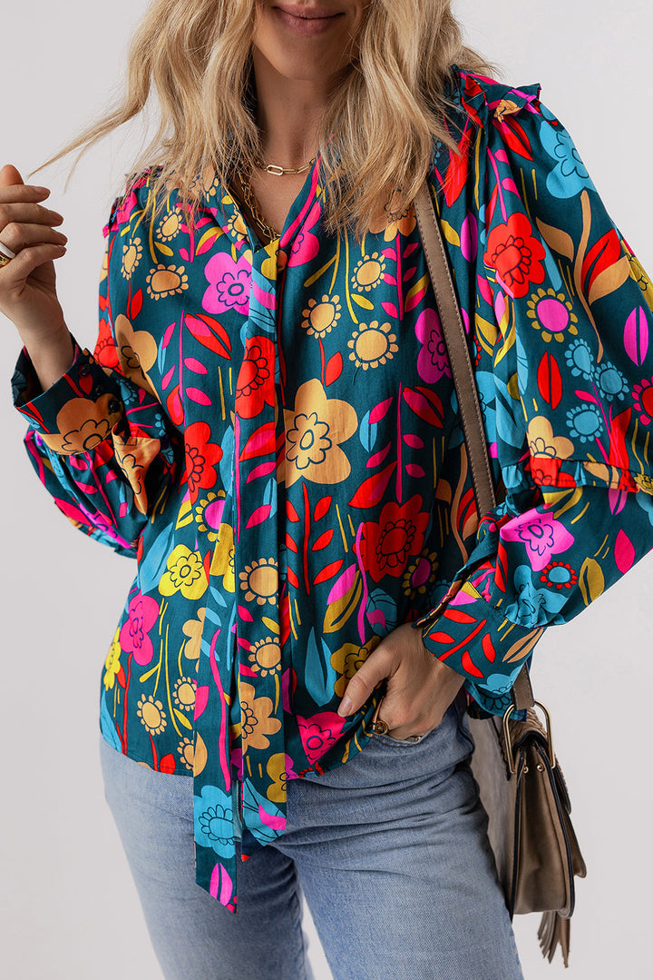 Floral Knot Split Neck Puff Sleeve Blouse