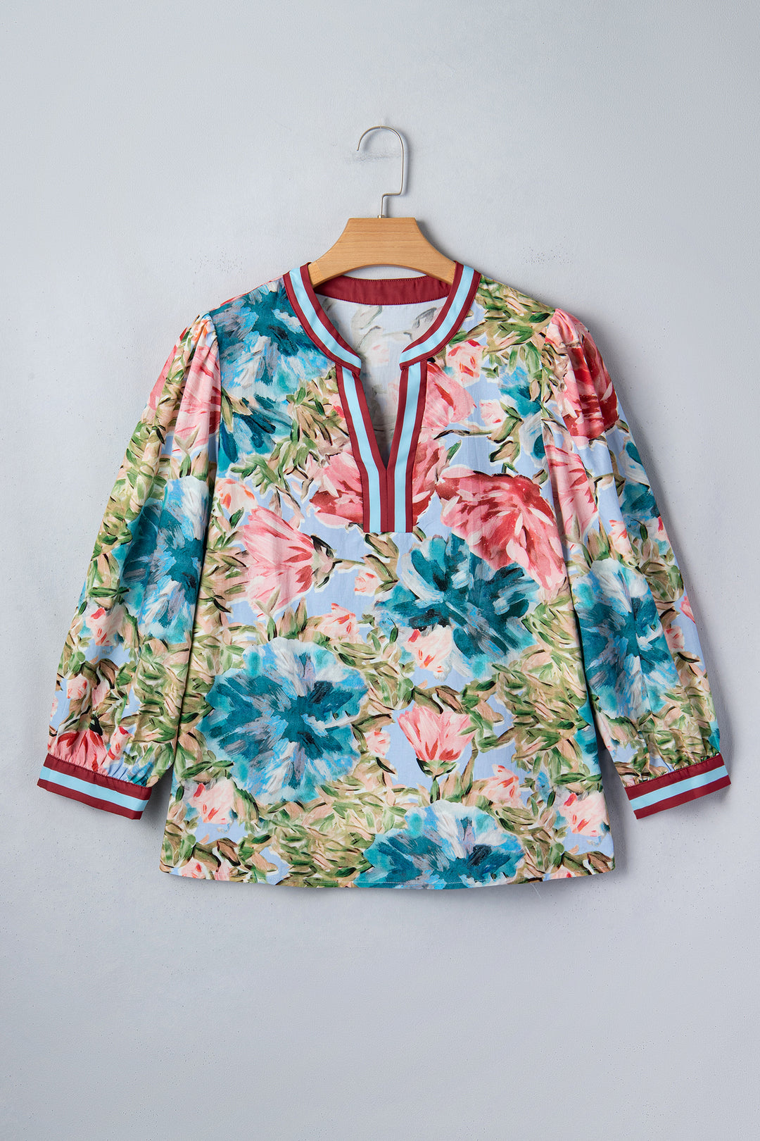 Contrast Trim V Neck Cuffed Bracelet Sleeve Floral Blouse