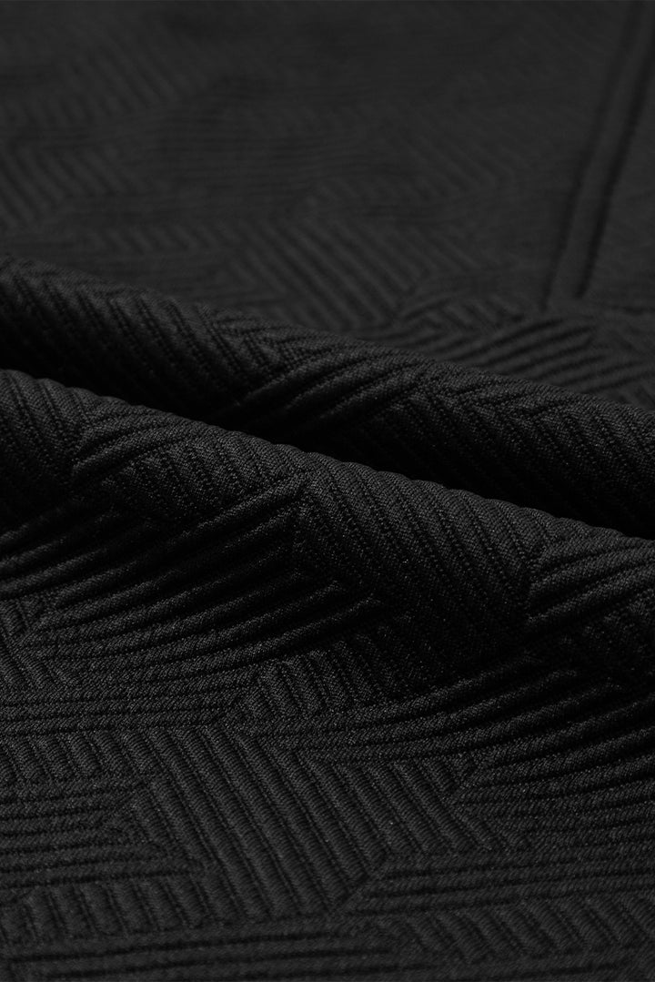 Black Textured V Neck Collared Short Sleeve Top