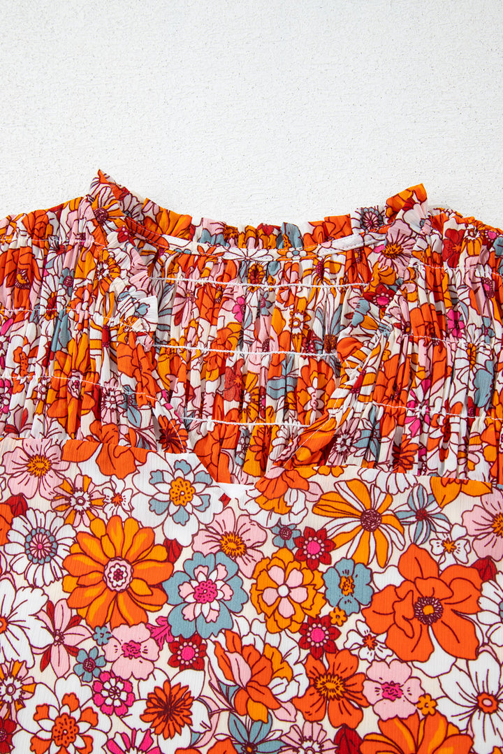 Orange Floral Print V Neck Pleated Ruffle Short Sleeve Blouse
