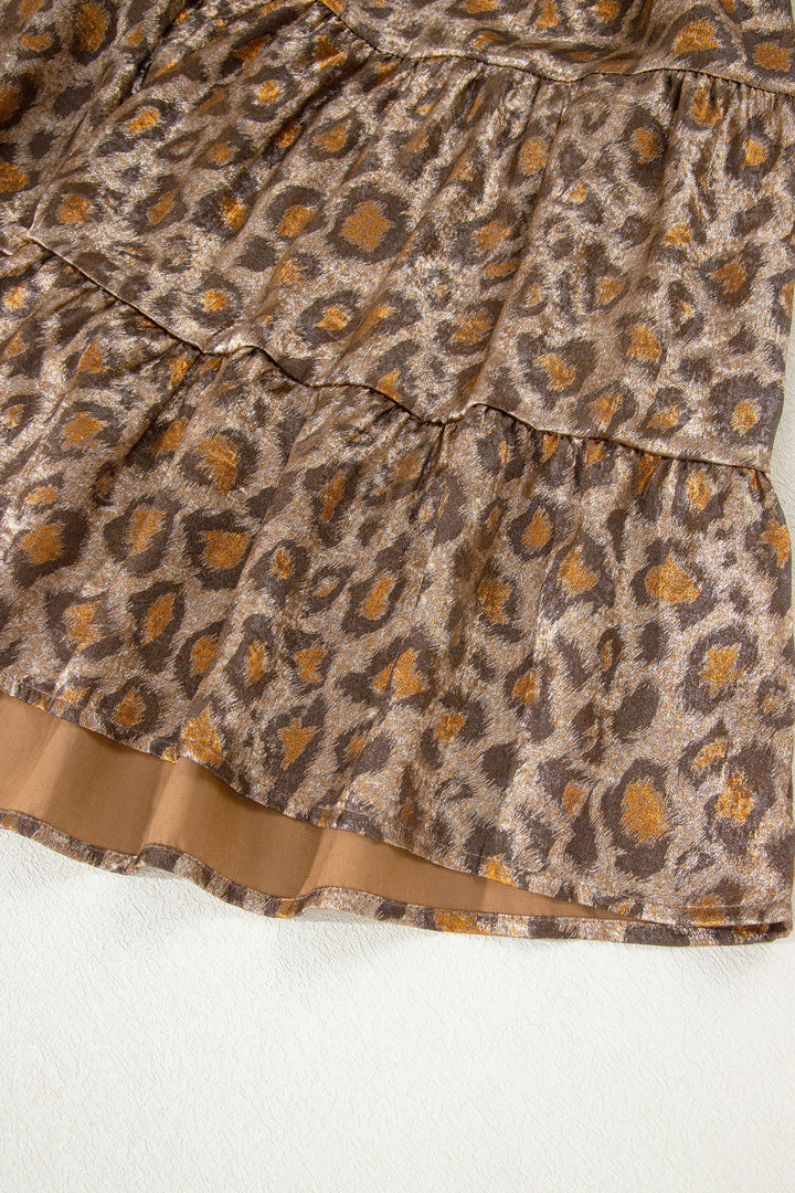 Leopard Print V Neck Ruffled Sleeve Tiered Loose Mini Dress