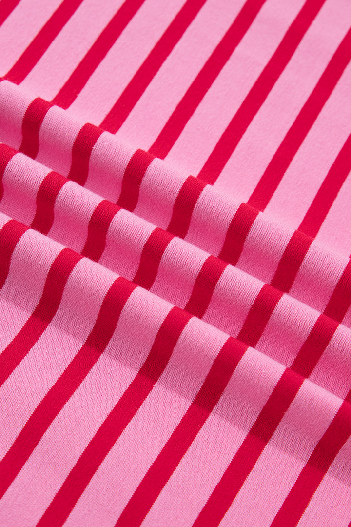 Pink Stripe Scalloped Trim Round Neck T Shirt