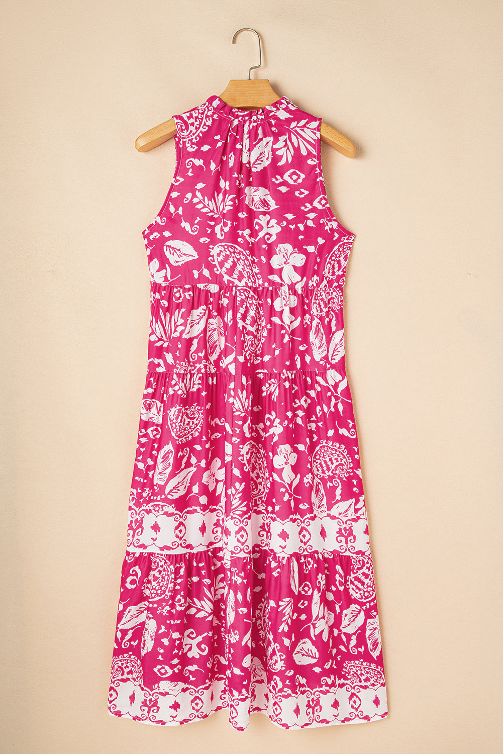 Floral Sleeveless Tasseled Lace-up Neck Tiered Midi Dress