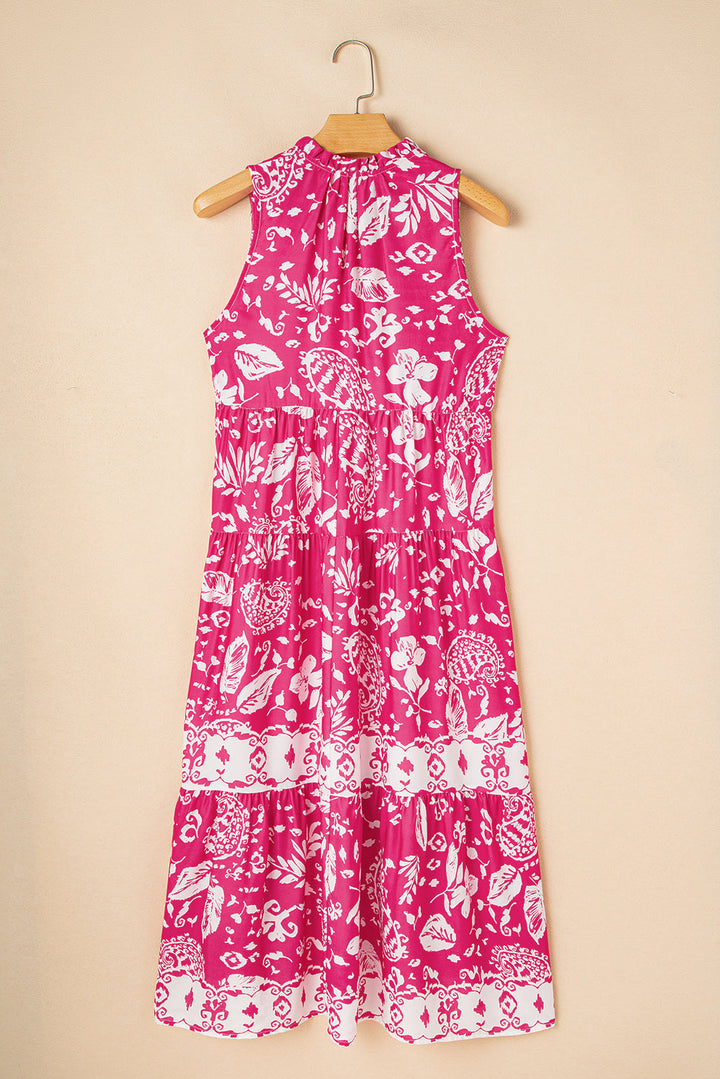 Floral Sleeveless Tasseled Lace-up Neck Tiered Midi Dress