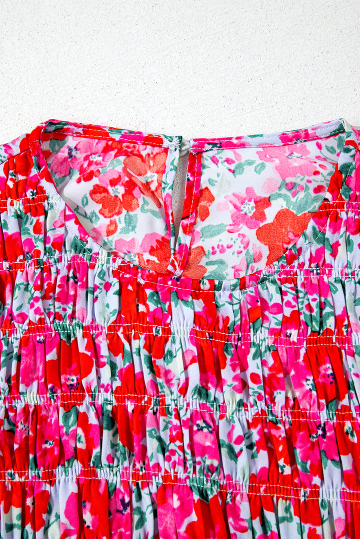 Floral Print Smocked Lantern Sleeve Tiered Maxi Dress