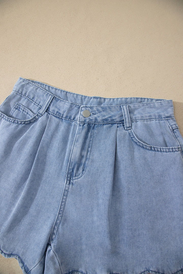 Myosotis Solid Color Scalloped Trim Casual Denim Shorts