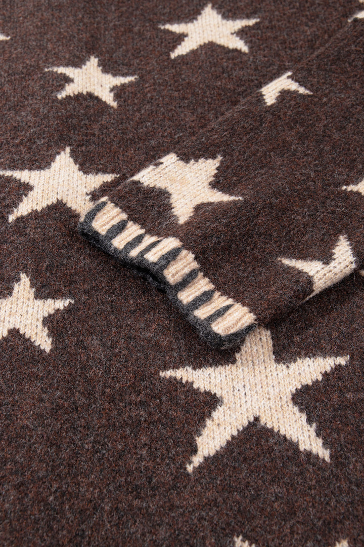 Brown Stars Pattern Colorblock Long Sleeve Shift Wool Cardigan