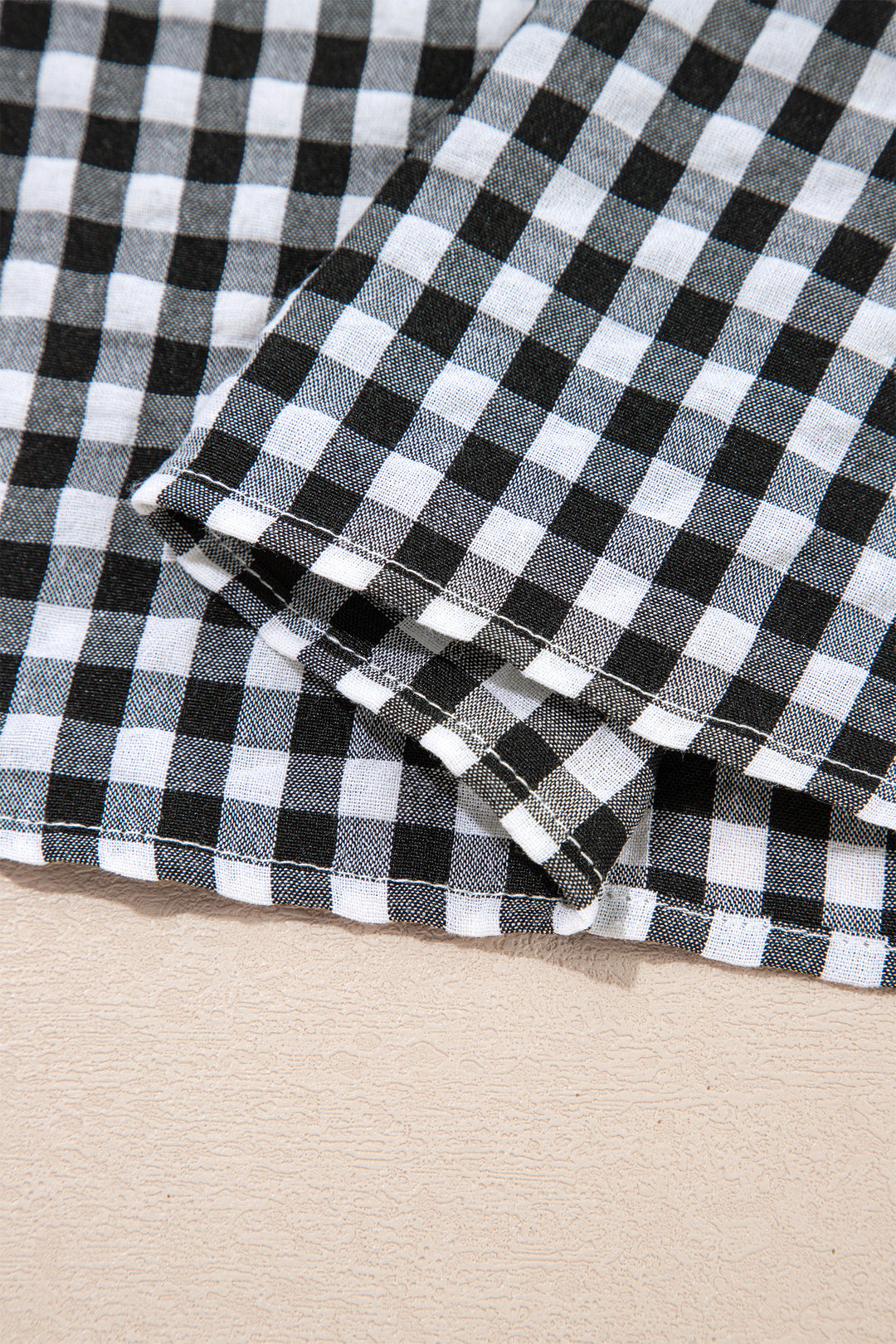 Black Plaid Short Puff Sleeve Frilled Neck Blouse