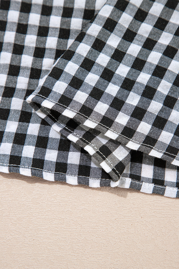 Black Plaid Short Puff Sleeve Frilled Neck Blouse