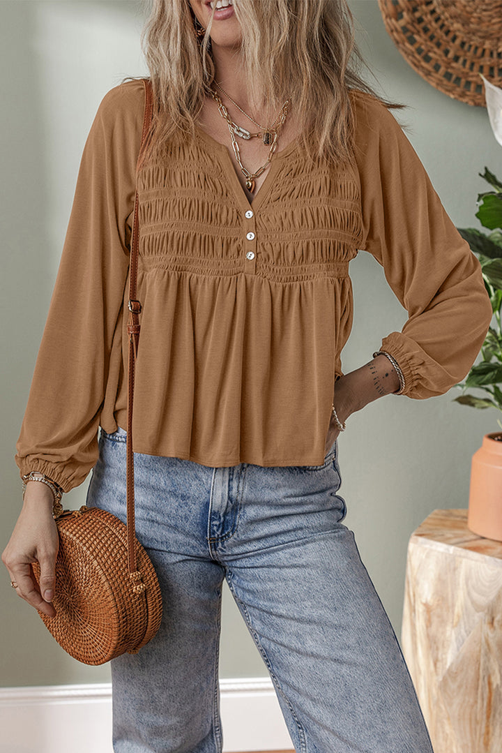 Smocked Bust Buttoned Split V Neck Flow Fit Blouse