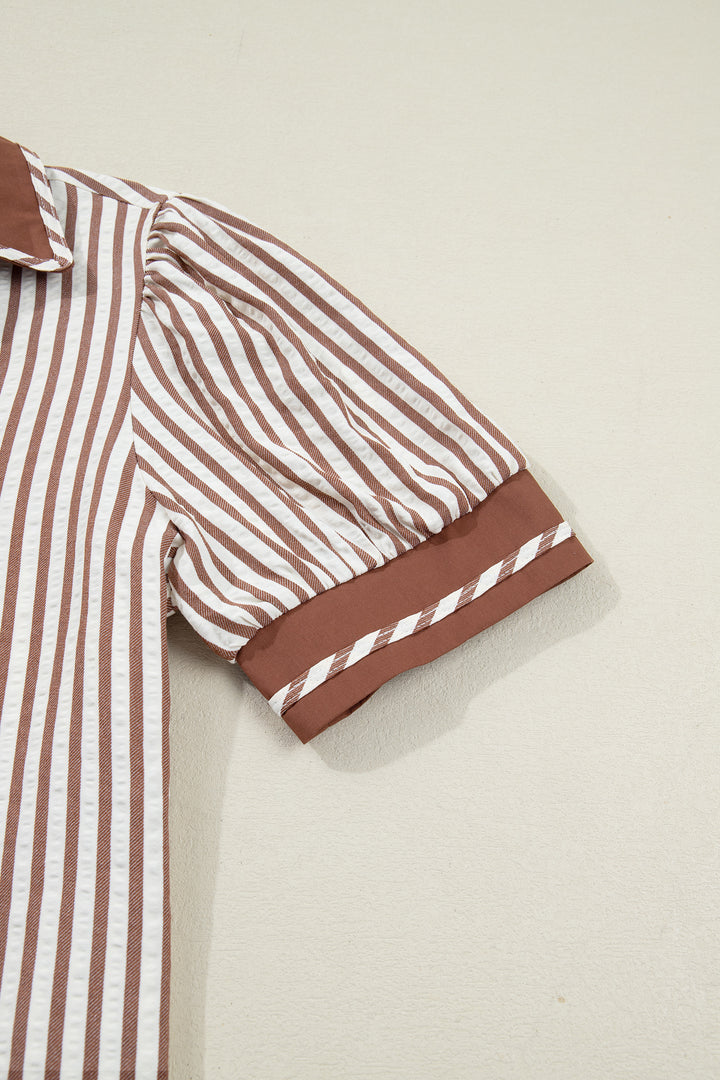 Collared Split Neck Short Bubble Sleeve Blouse