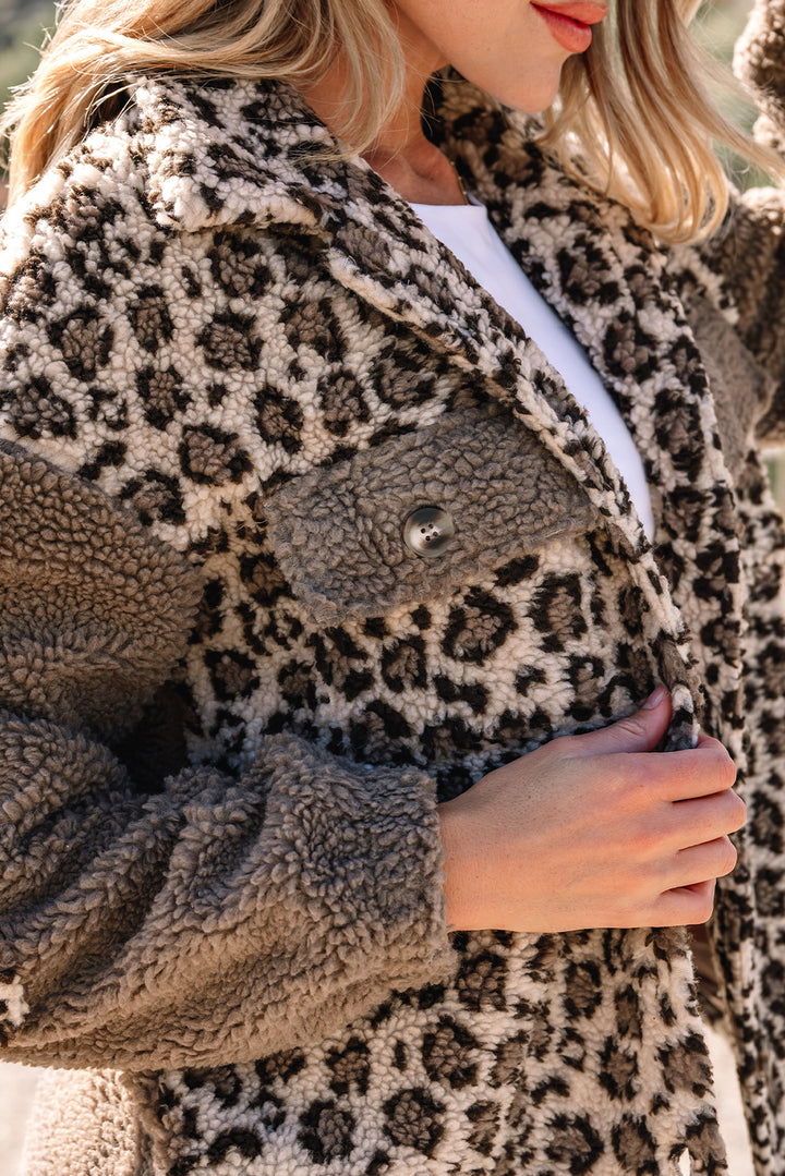 Brown Sherpa Leopard Print Flap Pocket Collared Button Up Jacket