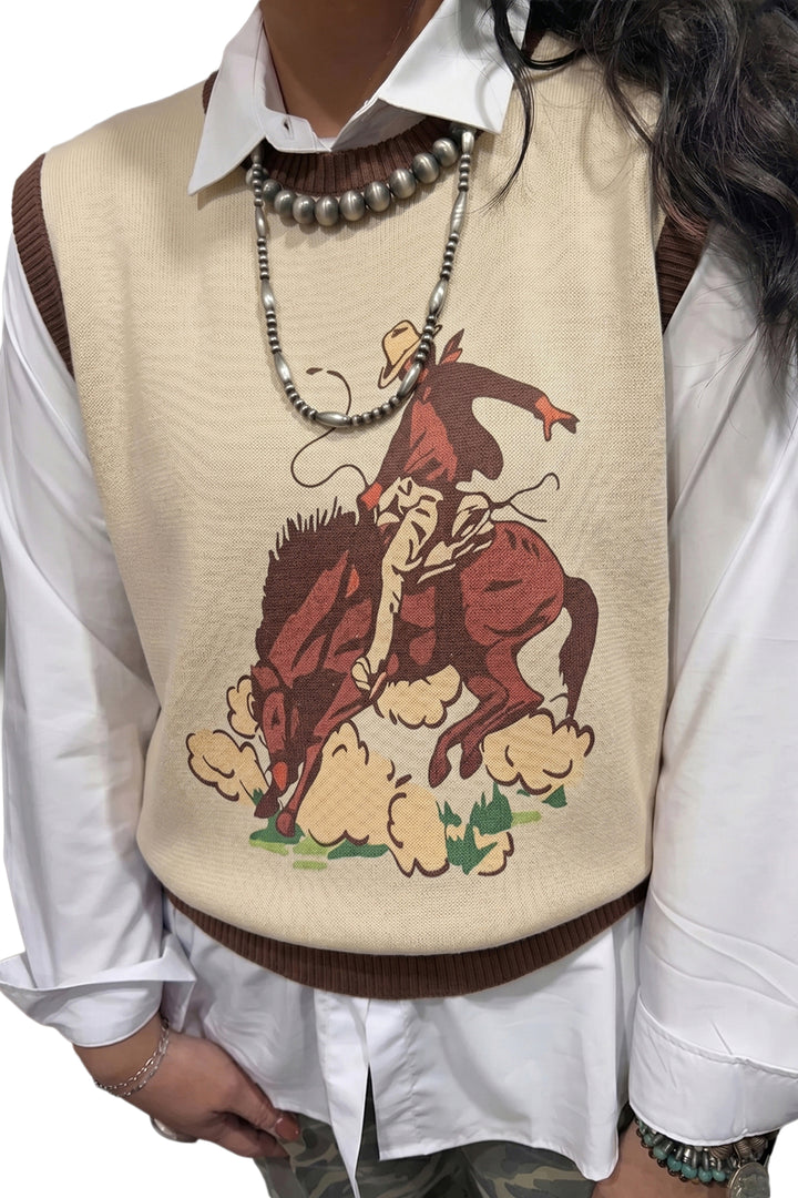 Khaki Western Print Colorblock Trim Sleeveless Knitwear Vest