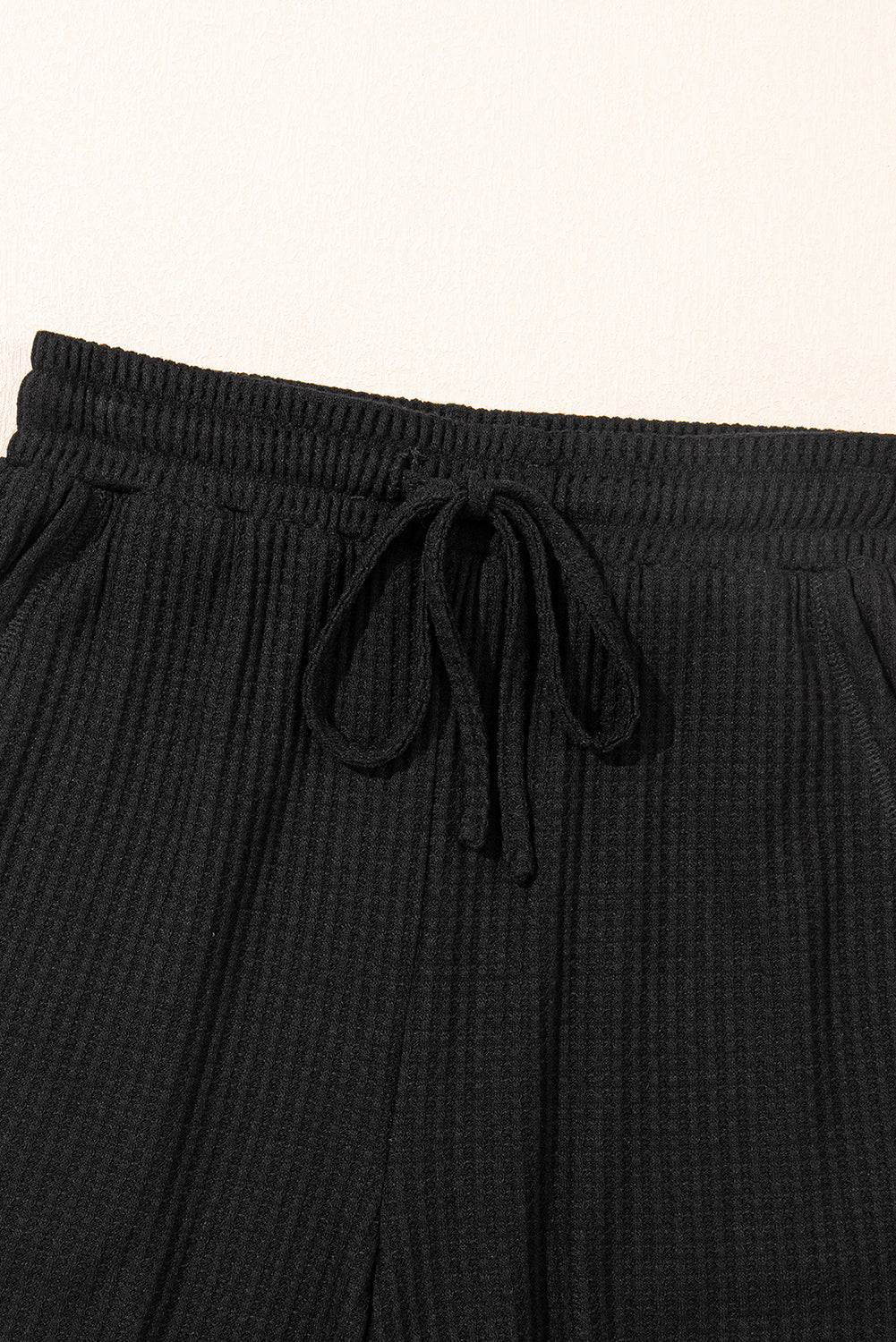 Black Solid Color Waffled V Neck Loose Tee Drawstring Shorts Set