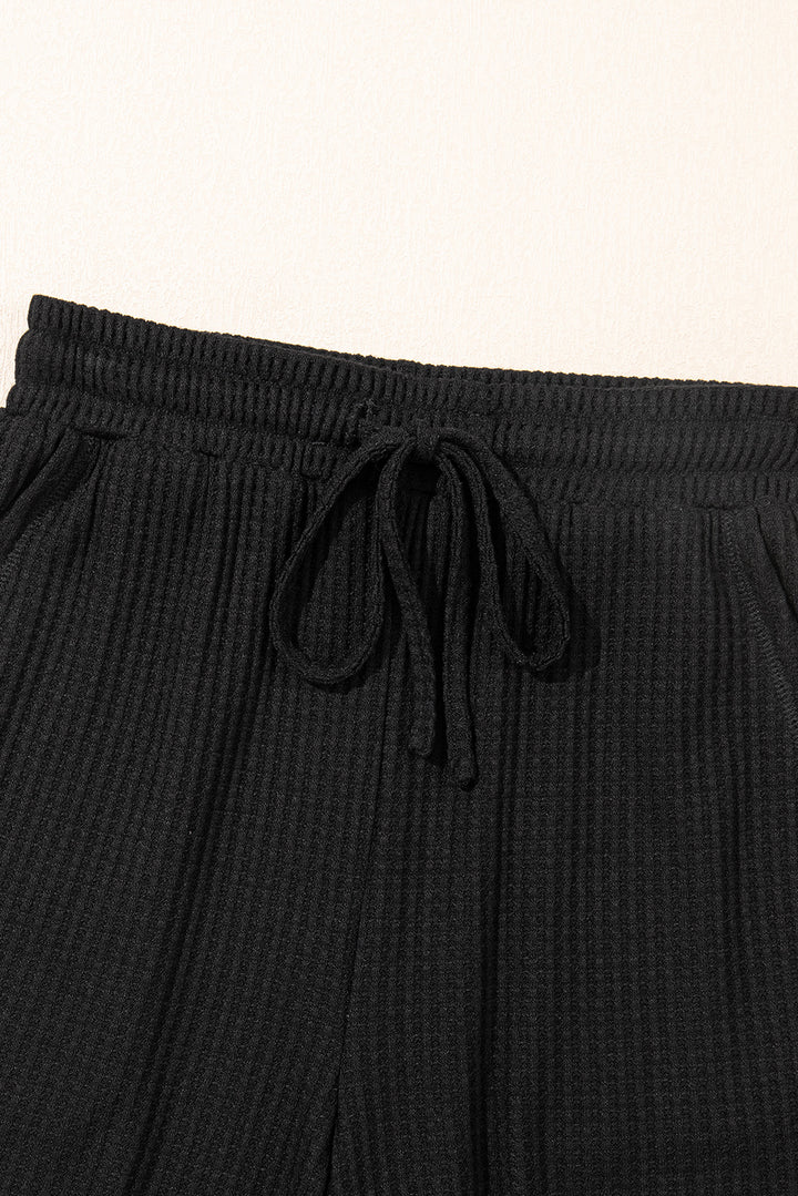 Black Solid Color Waffled V Neck Loose Tee Drawstring Shorts Set