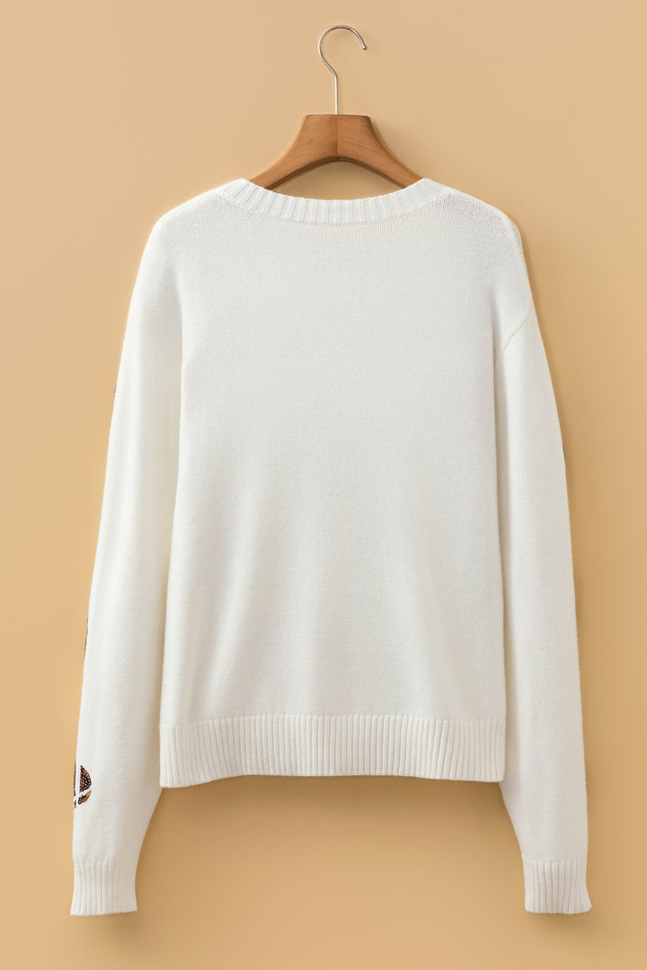 Beige Sequin Football Print Round Neck Long Sleeve Loose Fit Sweater