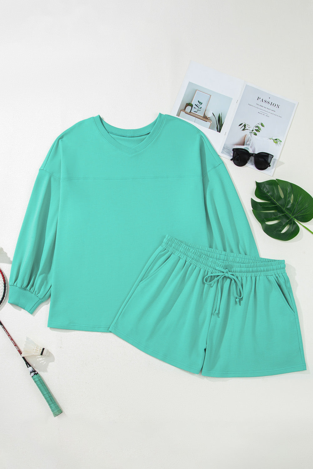 Sea GreenV Neck Pullover Top and Drawstring Short Plus Size Set