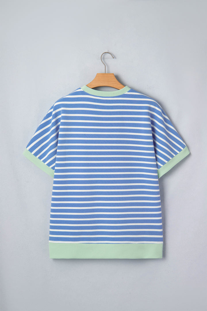 Casual Sky Blue Stripe Loose Short Sleeve Top
