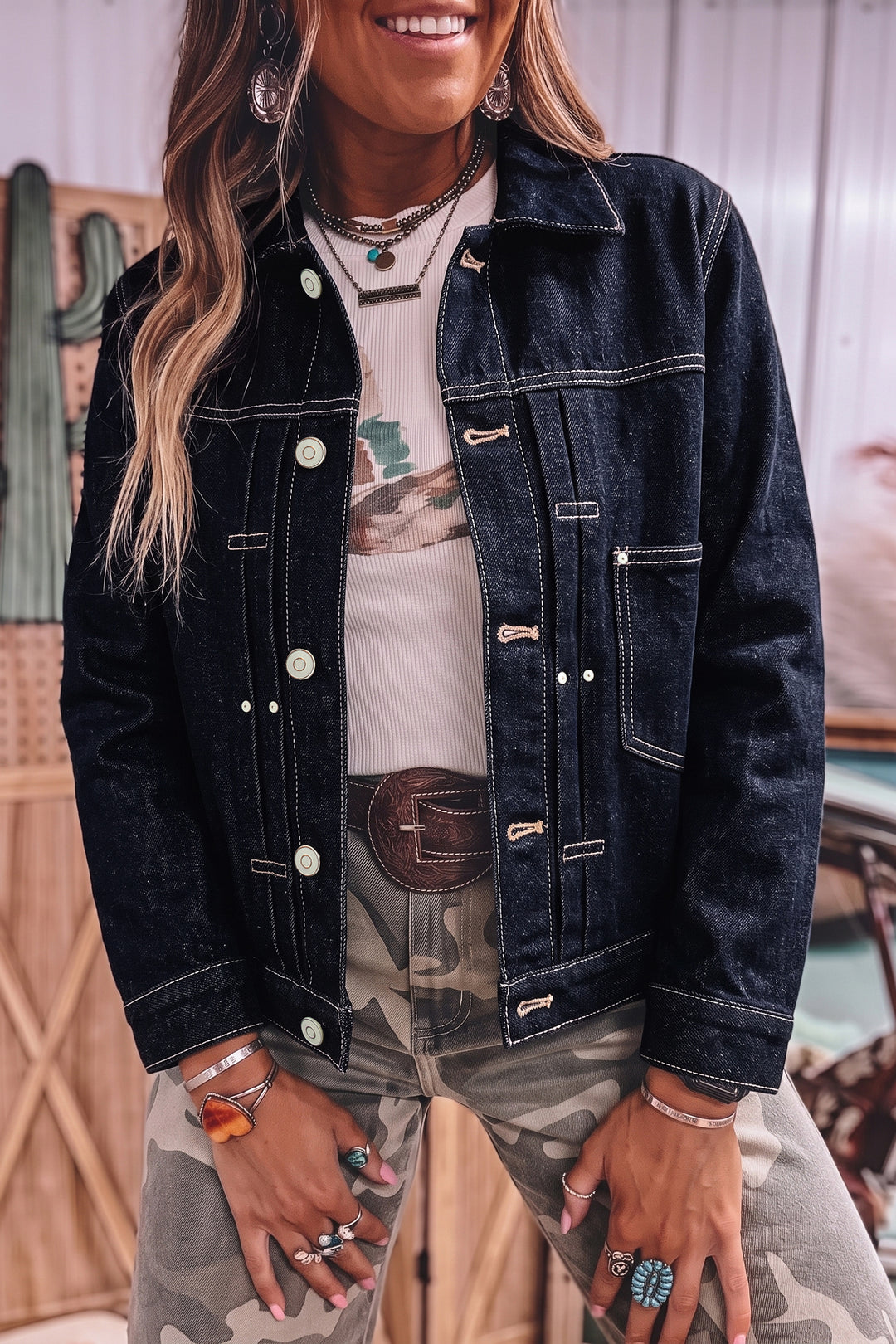 Dirty blue Denim Button Front Pocket Casual Jacket