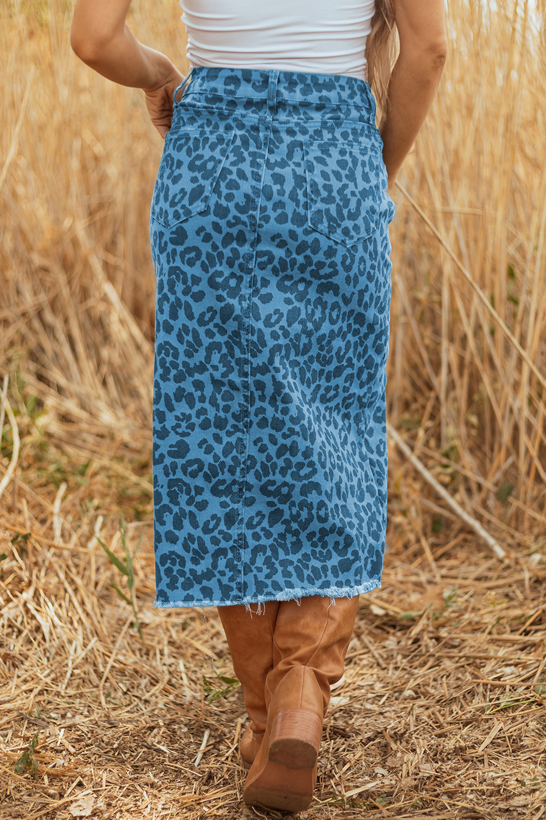 Sky Blue Leopard Print Frayed Edge Denim Skirt Long Casual Daily Wear