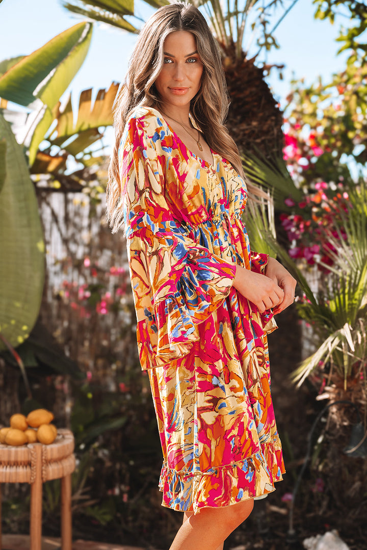 Plant Print Flared Sleeve Ruffled Hem Tunic High Waist Flowy Dress
