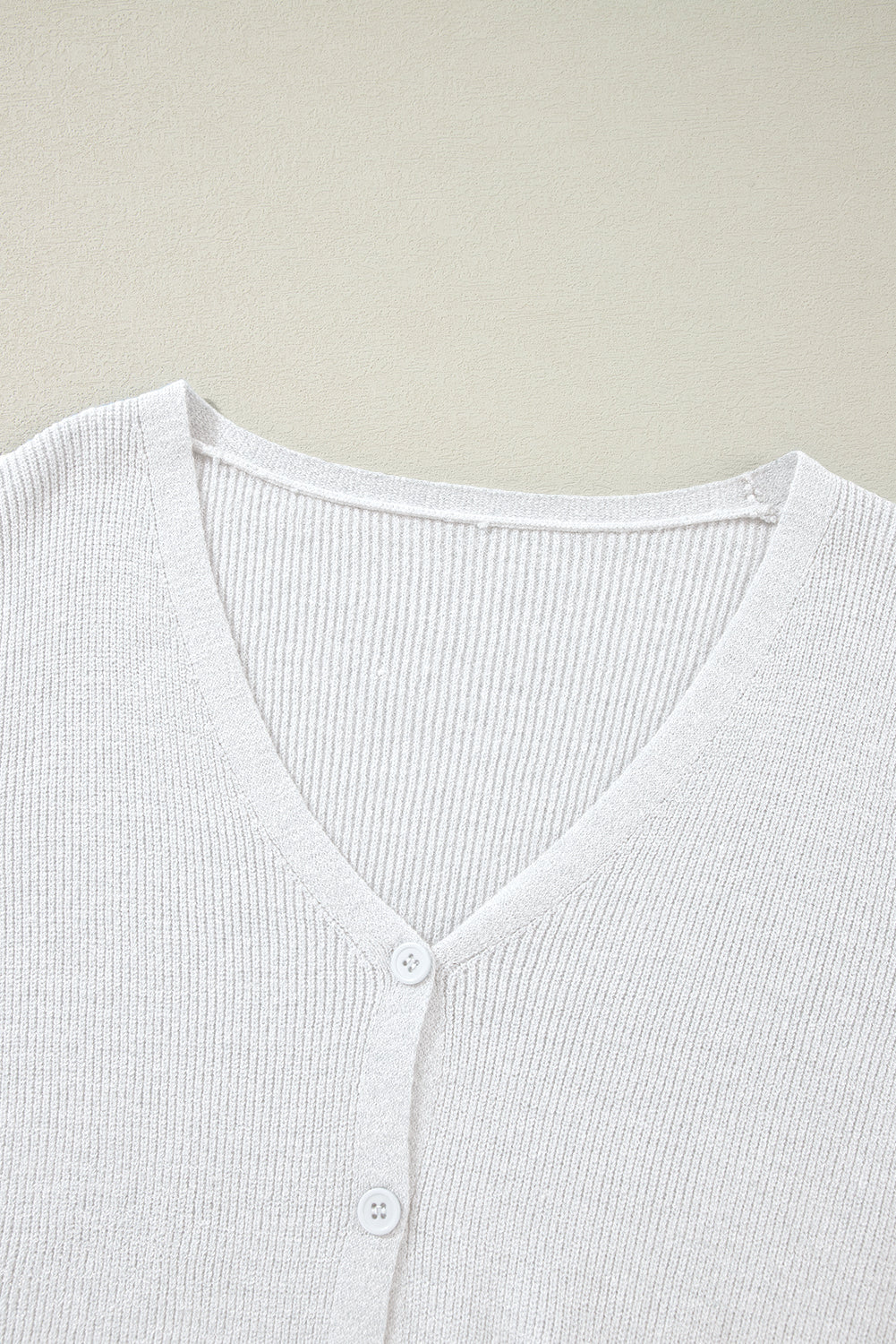 White Lightweight Ribbed Knit Button Front V Neck Cardigan