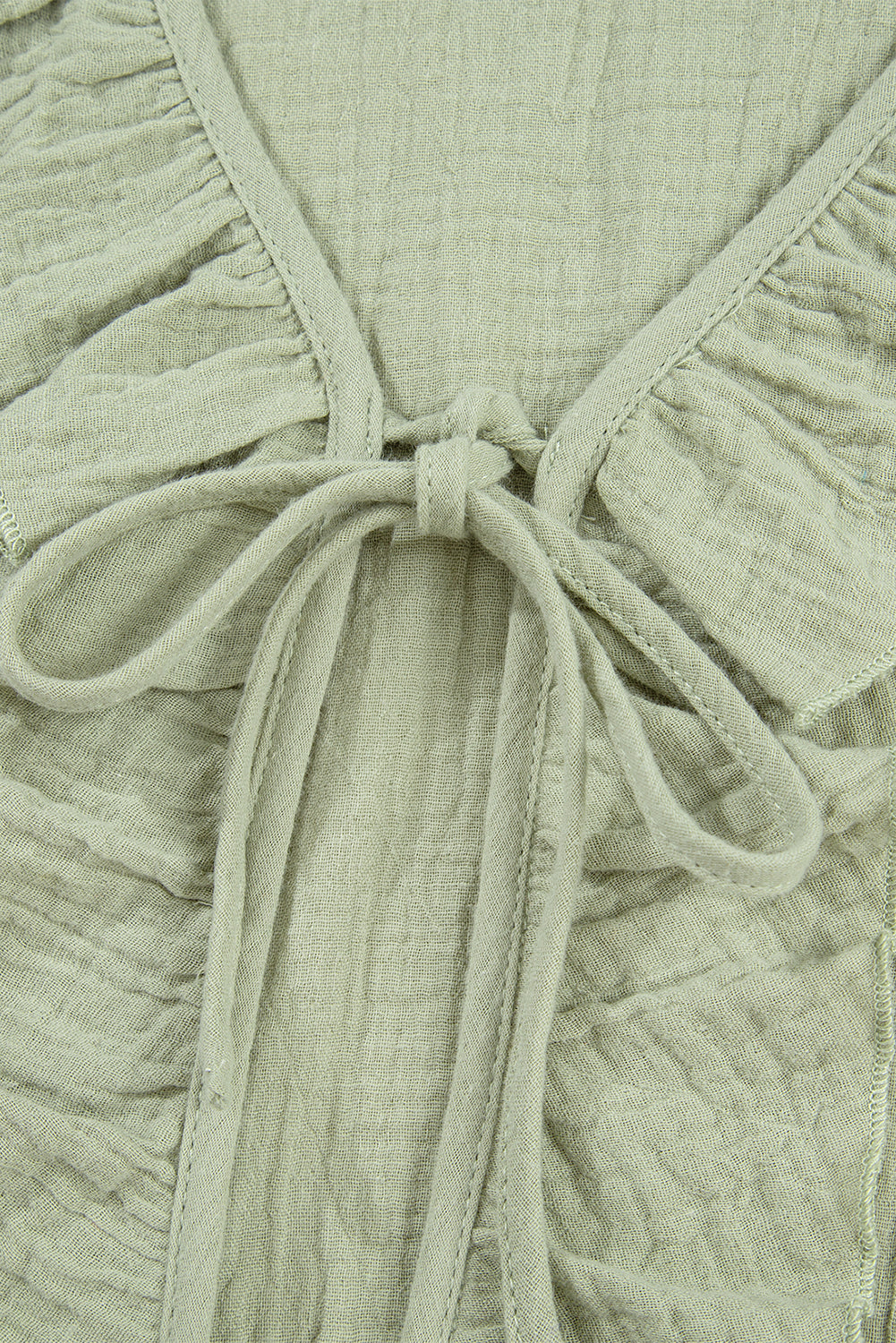 Bow Tie Front Ruffle Trim V Neck Long Sleeve Gauze Blouse