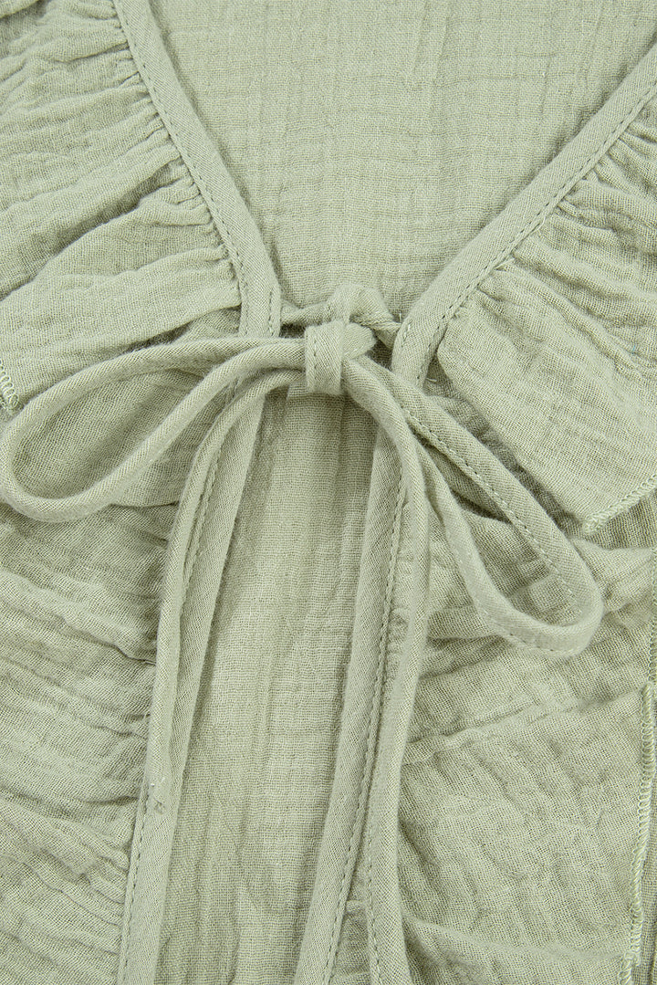 Bow Tie Front Ruffle Trim V Neck Long Sleeve Gauze Blouse