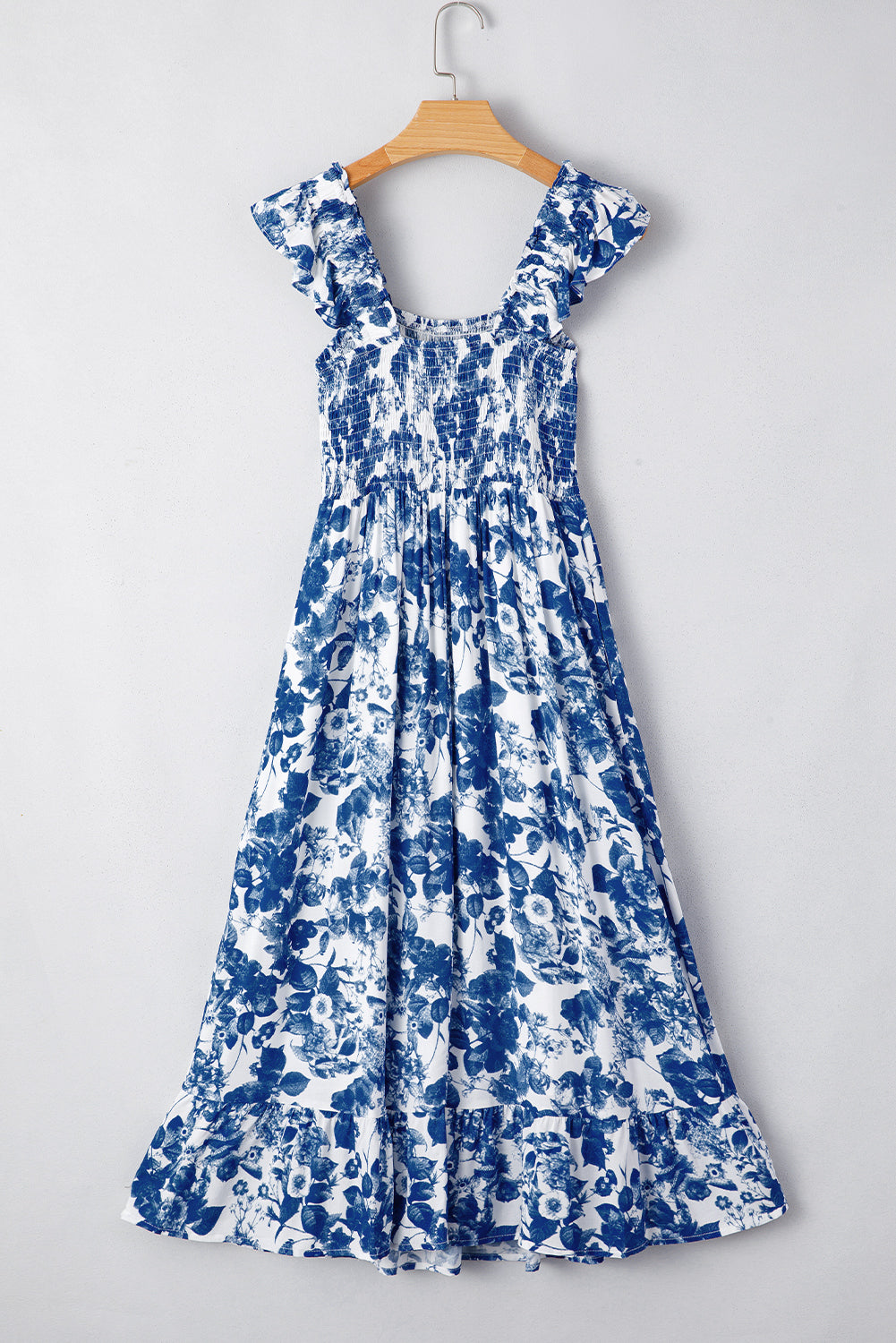 floral ruffle strap square neck smocked bodice midi dress