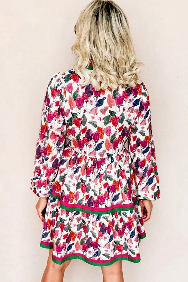 Floral Print Contrast Striped Detail Long Sleeve Mini Dress