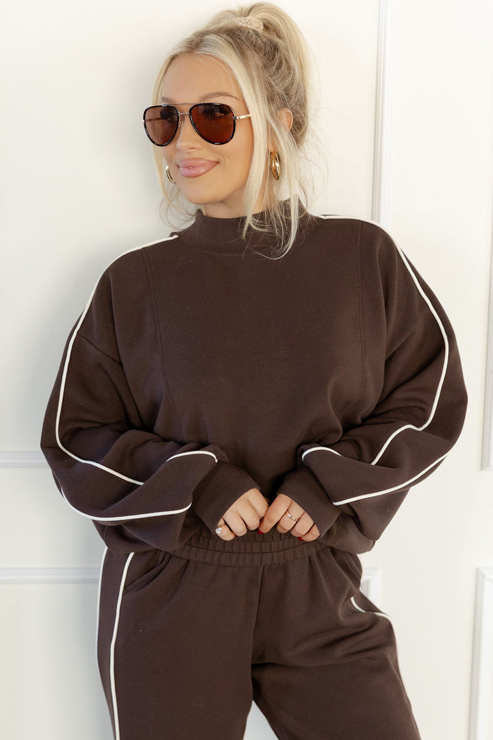 Coffee Sporty Piping Trim Mock Neck Pullover Relaxed 2pcs Pant Set