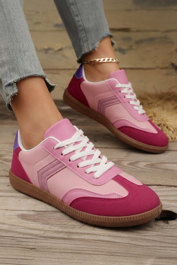 Pink Color Block PU Leather Lace-Up Rubber Sole Flat Shoes