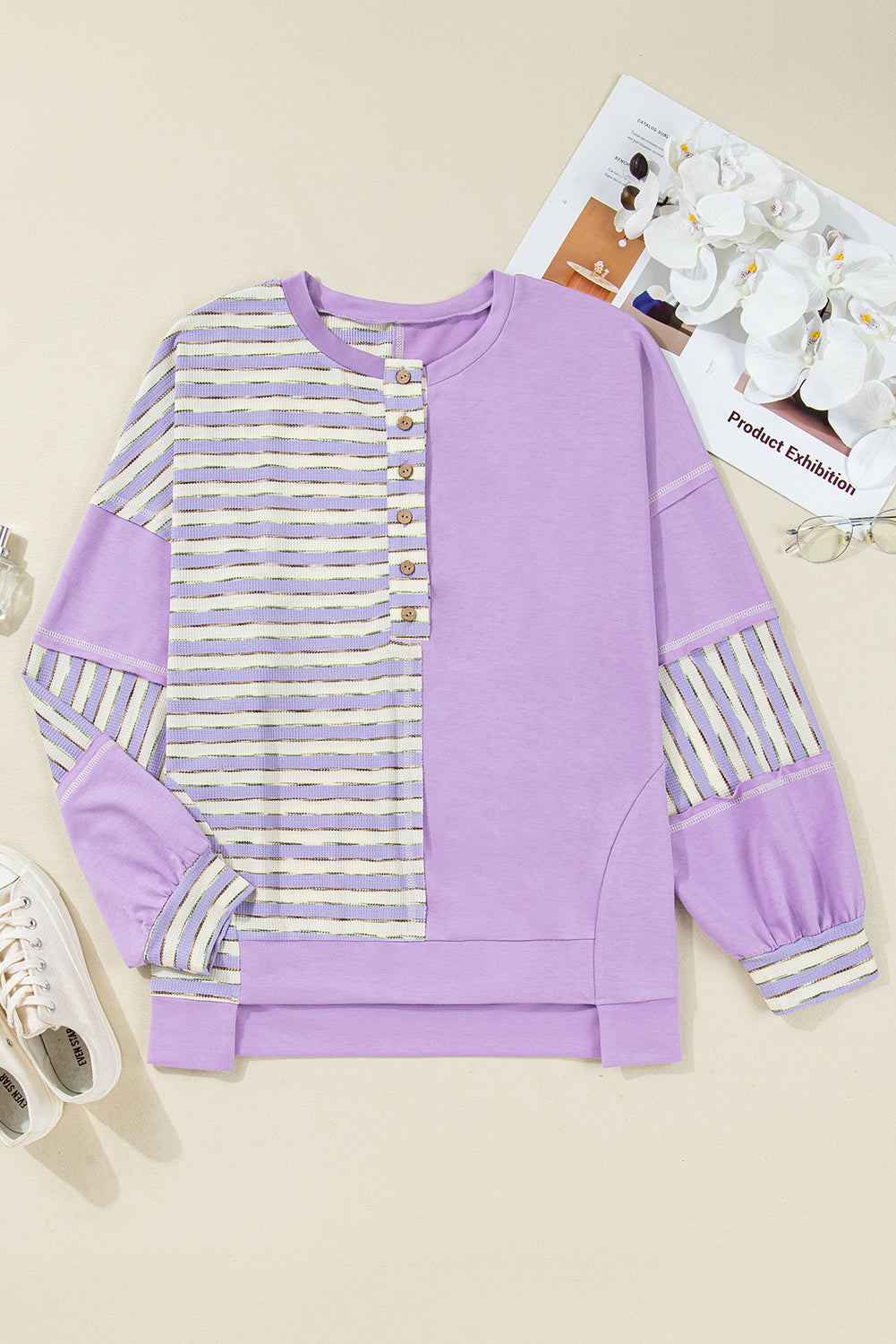 Purple Stripe Patchwork Buttoned Drop Shoulder Plus Size Pullover