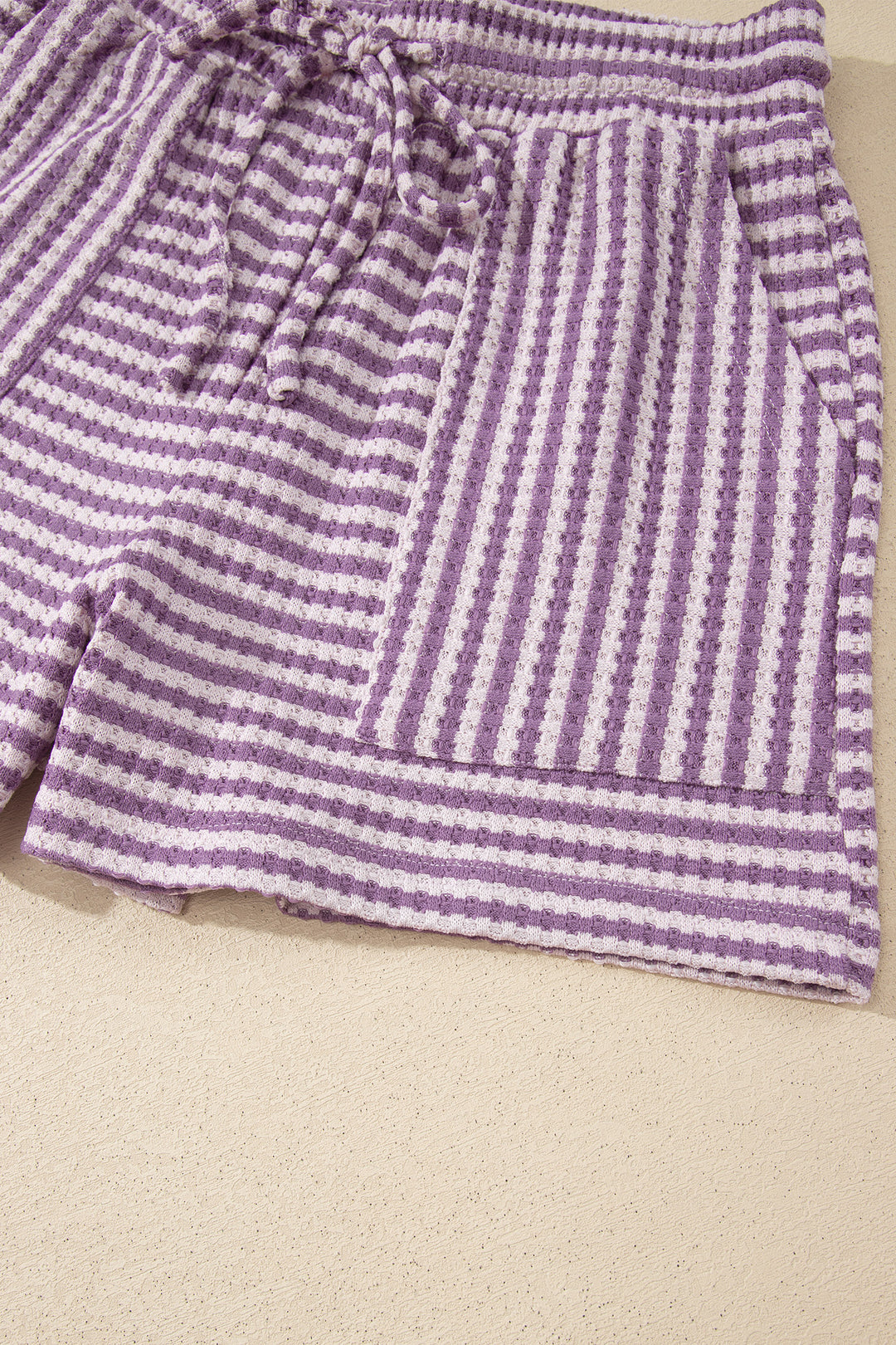 Purple Stripe Breathable Textured Knit Short 2pcs Set
