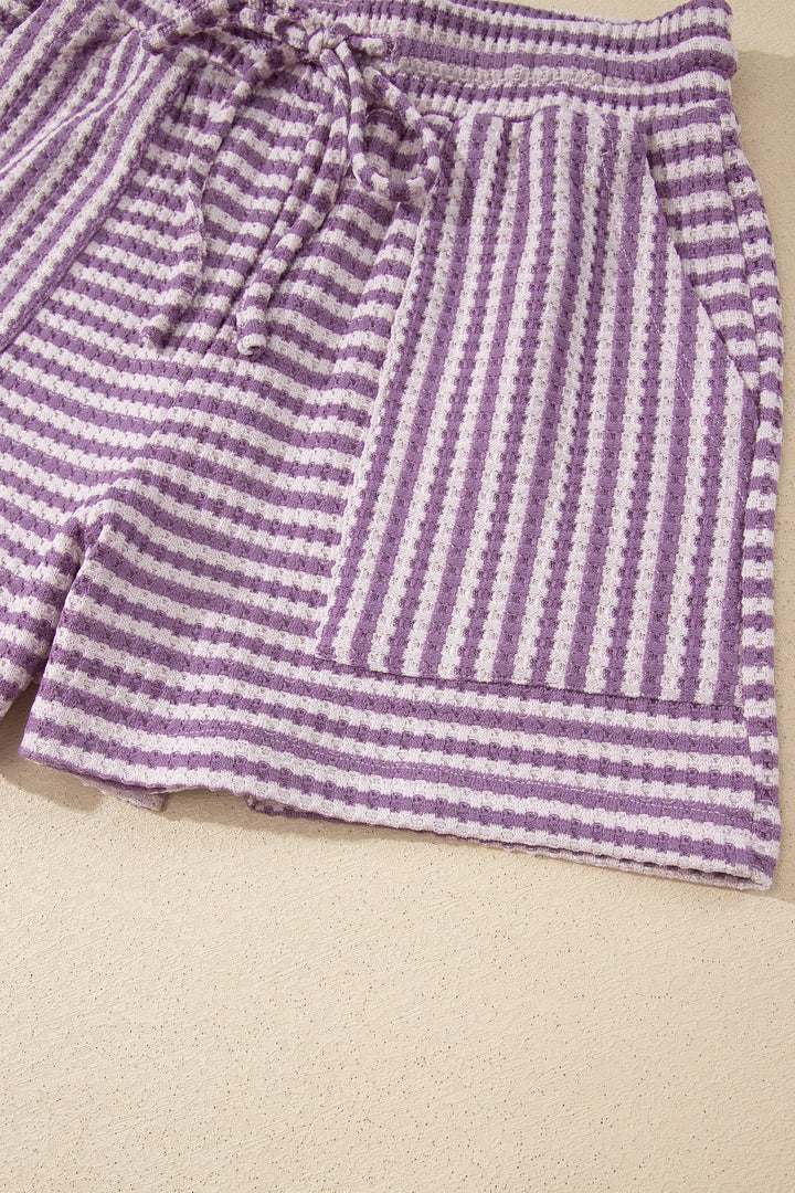 Purple Stripe Breathable Textured Knit Short 2pcs Set