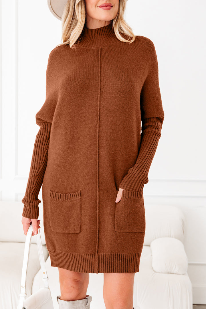 Ribbed High Neck Front Pockets Center Seam Shift Sweater Dress