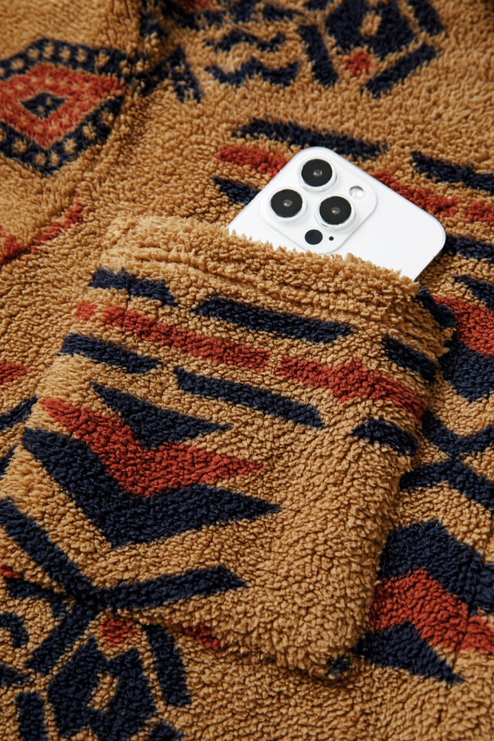 Khaki Western Aztec Pattern Fleece Shacket