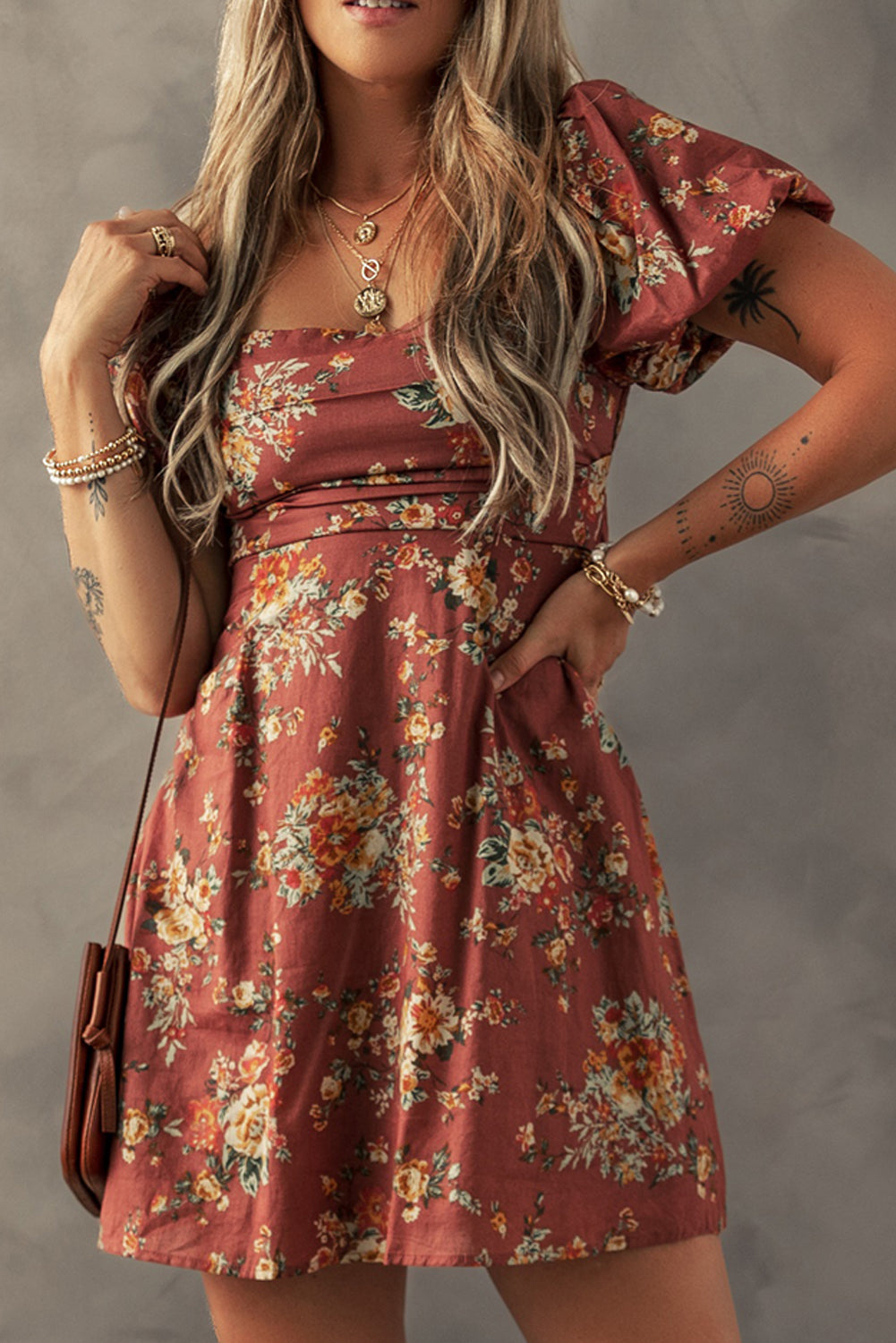 floral puff sleeve square neck knot open back mini dress